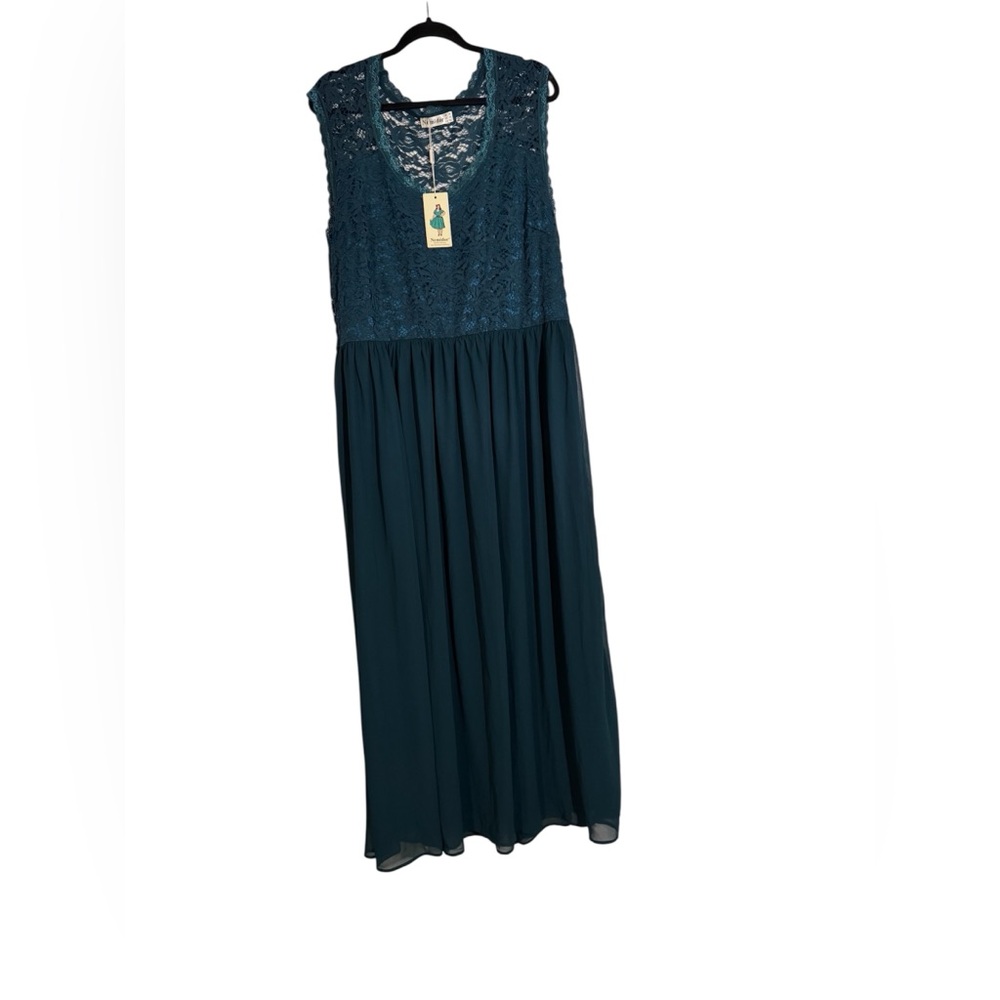 NWT Elegant Dark Teal Lace Maxi Dress built in slip sheer modest tank under lace